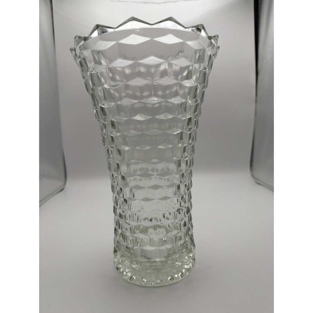 Vintage‎ Clear Pressed Glass Vase Honeycomb Pattern Sawtooth Rim 9.75"